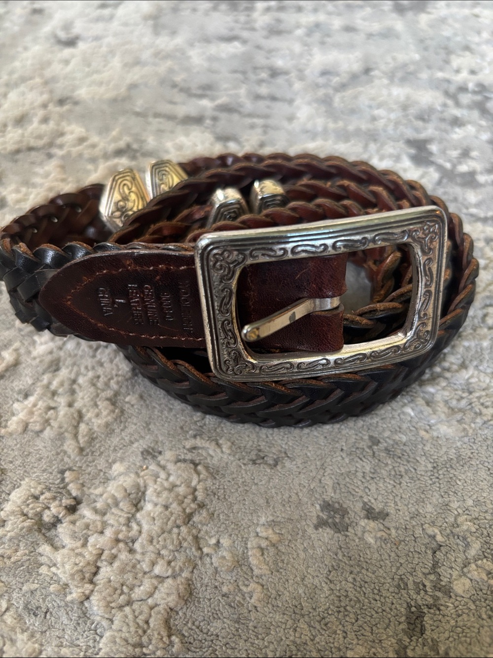 VTGWoolrich Braided Brown Leather Belt with Decorative Silver Buckle reversible